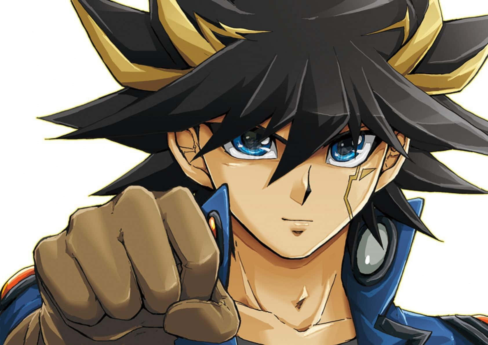Yusei Fudo 桌布 壁紙 — 一個堅定的動畫男孩，有著尖刺的黑金髮和藍眼睛，握緊拳頭向前指。