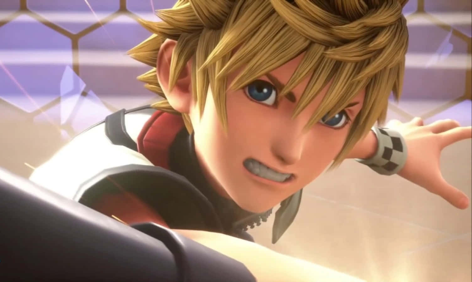 Kingdom Hearts Ventus 桌布 壁紙 — 一個堅定的動畫男孩，有著尖刺金髮和藍眼睛，在發光的未來場景中緊握欄杆。