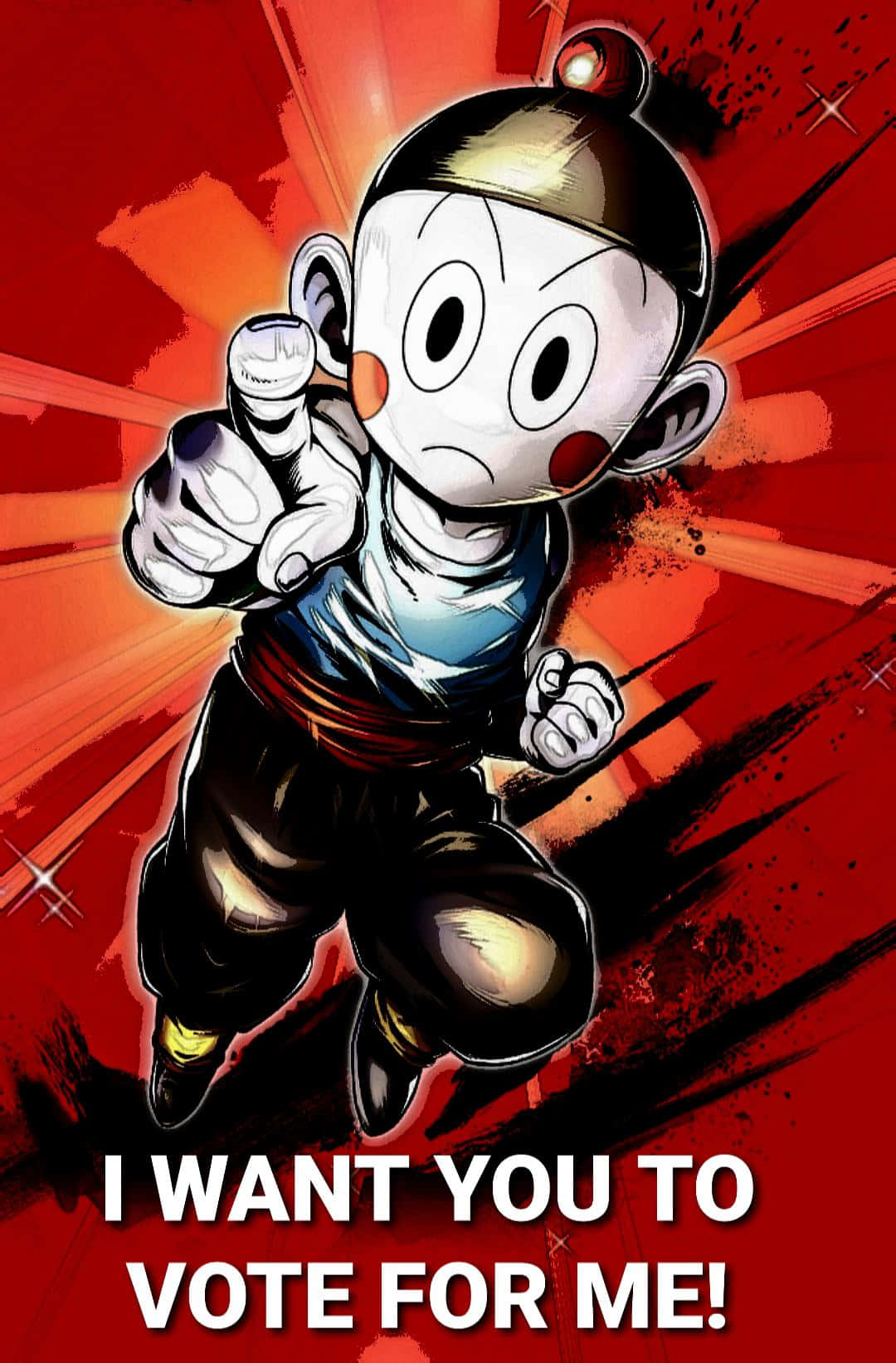 Chiaotzu 桌布 壁紙 — 一個堅定的動畫男孩，穿著藍色襯衫和黑色褲子，在火紅的背景前向前指著，粗體文字要求投票。