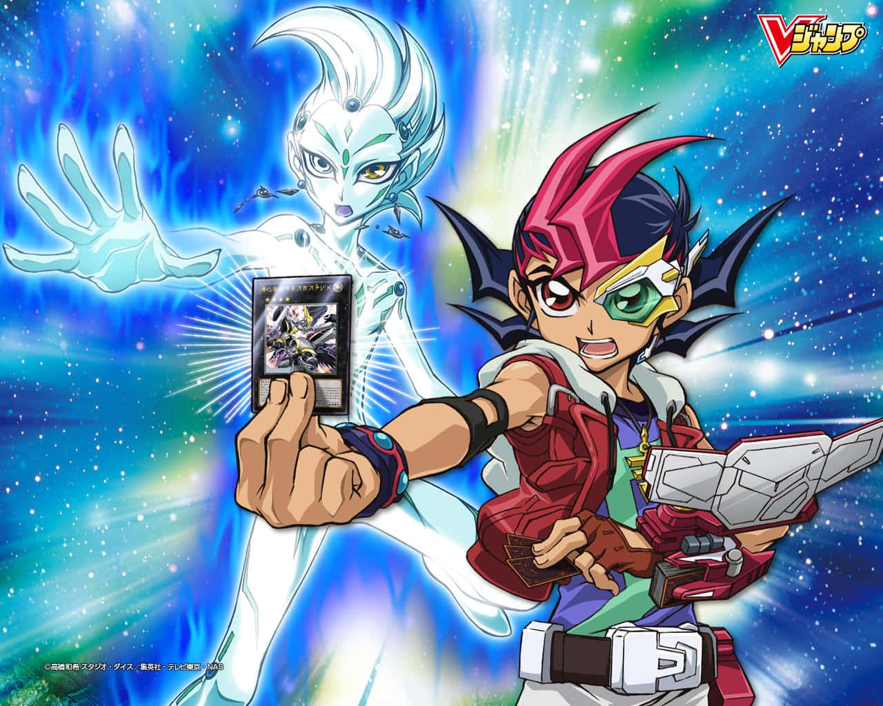 Yuma Tsukumo 桌布 壁紙 — 一個堅定的動畫男孩，紅髮戴護目鏡，手持發光卡片，一個幽靈般的白色靈魂在宇宙星空背景下伸手。