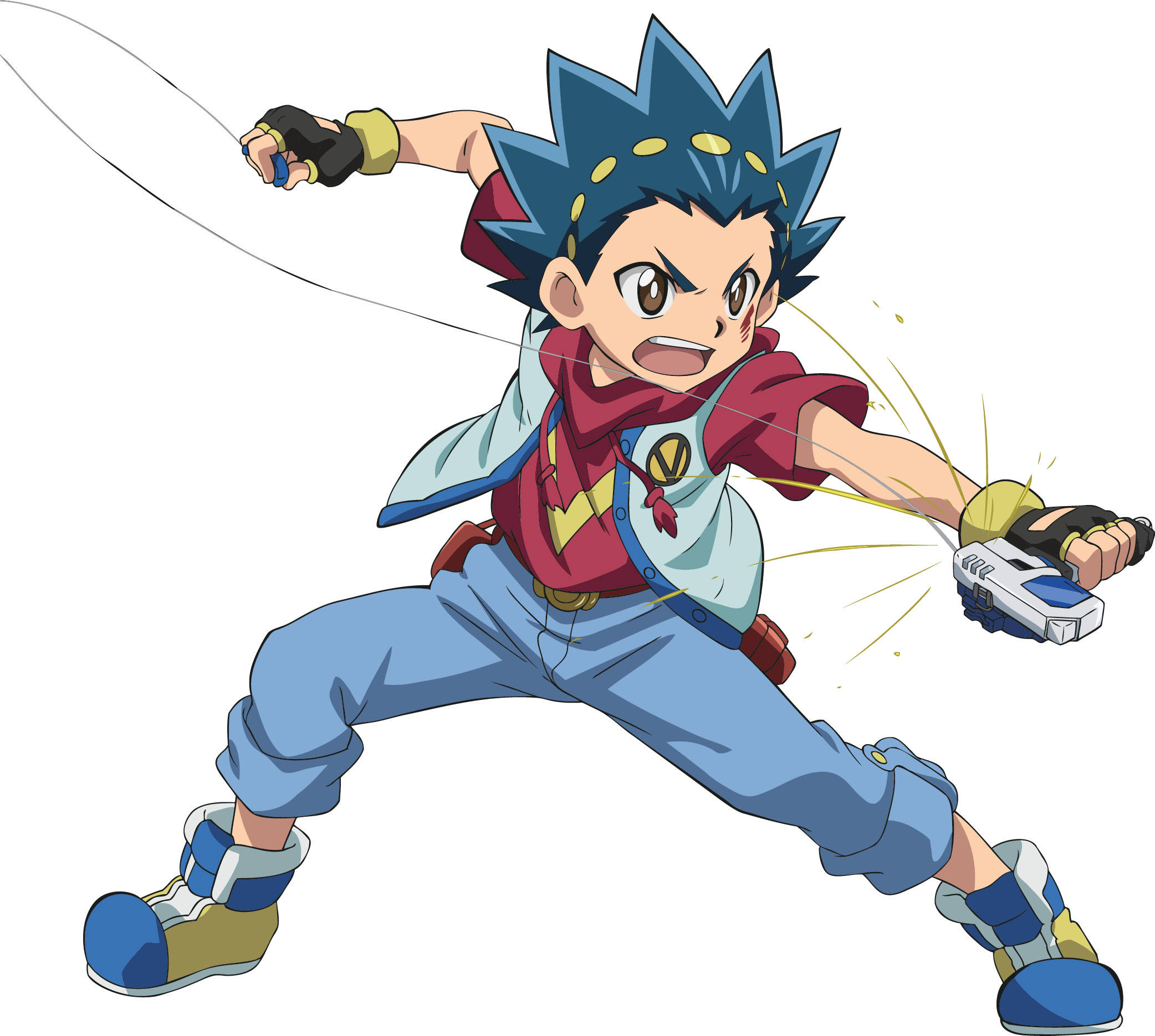 Beyblade 桌布 壁紙 — 一個堅定的動畫男孩，藍色尖刺頭髮，以動作姿勢揮舞發射器和繩索。