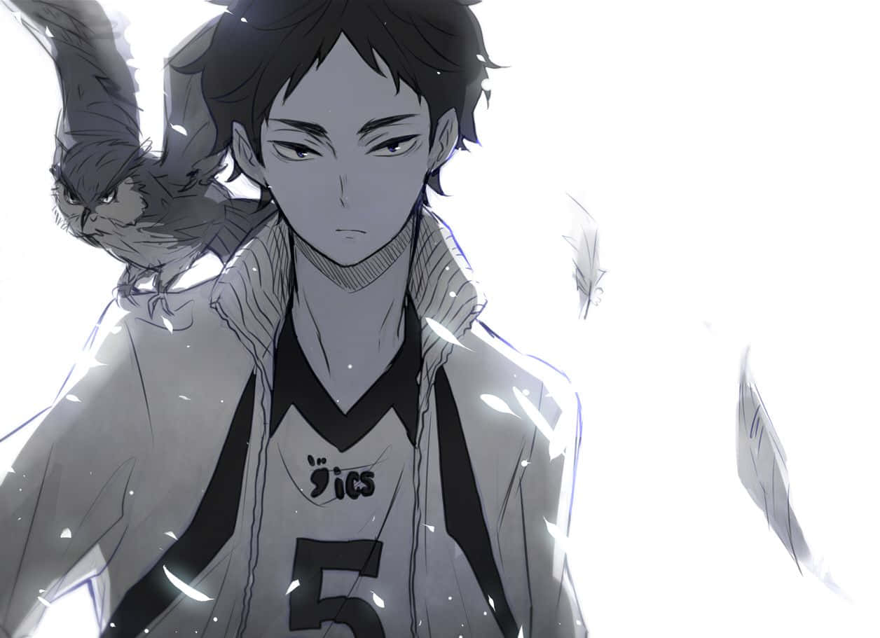Keiji Akaashi 桌布 壁紙 — 一個堅定的動畫男孩，身穿排球球衣，肩上棲息著一隻鳥，背景是明亮的白色。