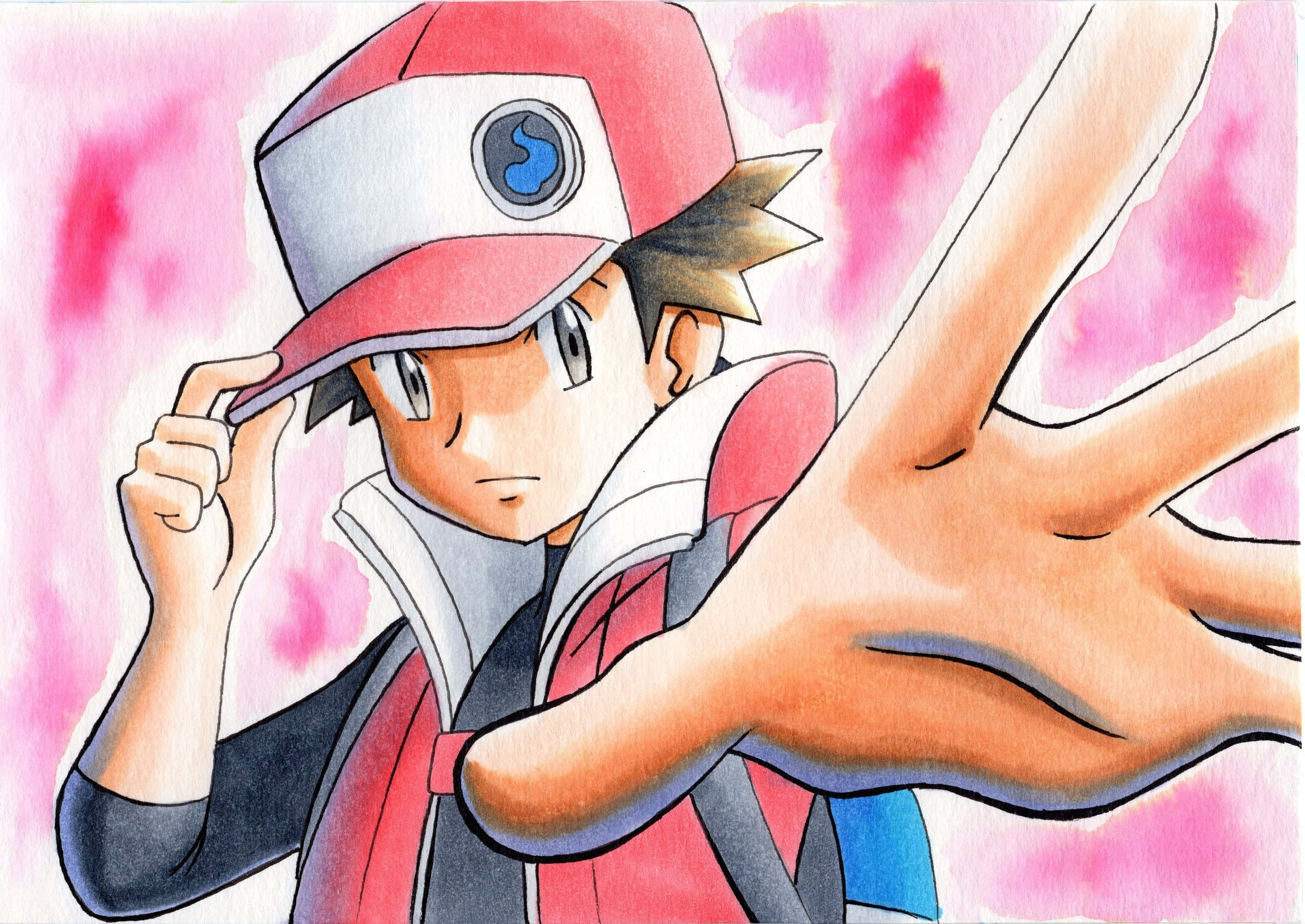 Pokemon Masters 桌布 壁紙 — 一個堅定的動畫男孩戴著紅白相間的帽子，在柔和的粉彩水彩背景前伸出手調整帽子。