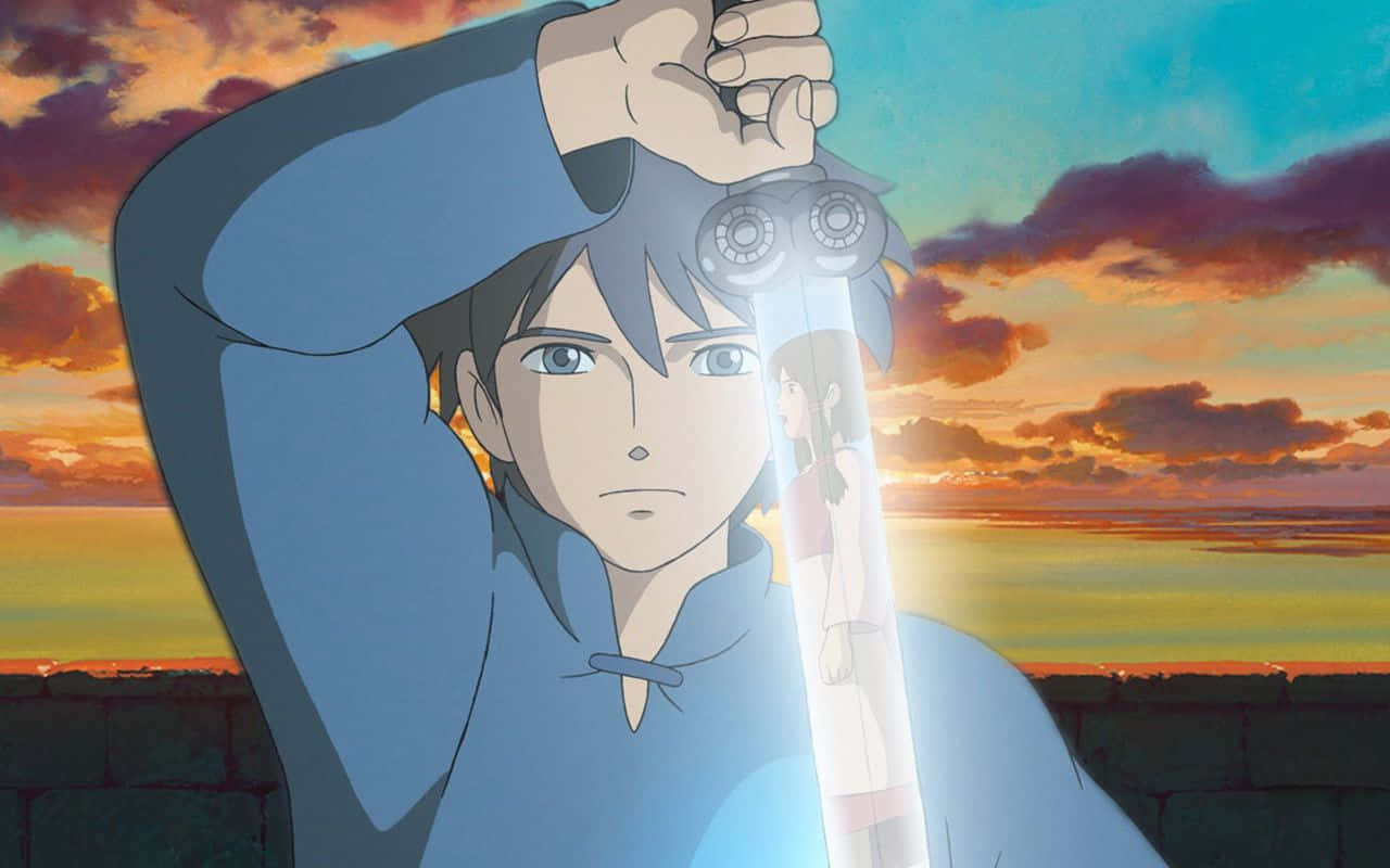 Tales From Earthsea 桌布 壁紙 — 一個堅定的動畫男孩手持一把發光的劍，劍內有一個女孩的剪影，背景是火紅的日落天空。