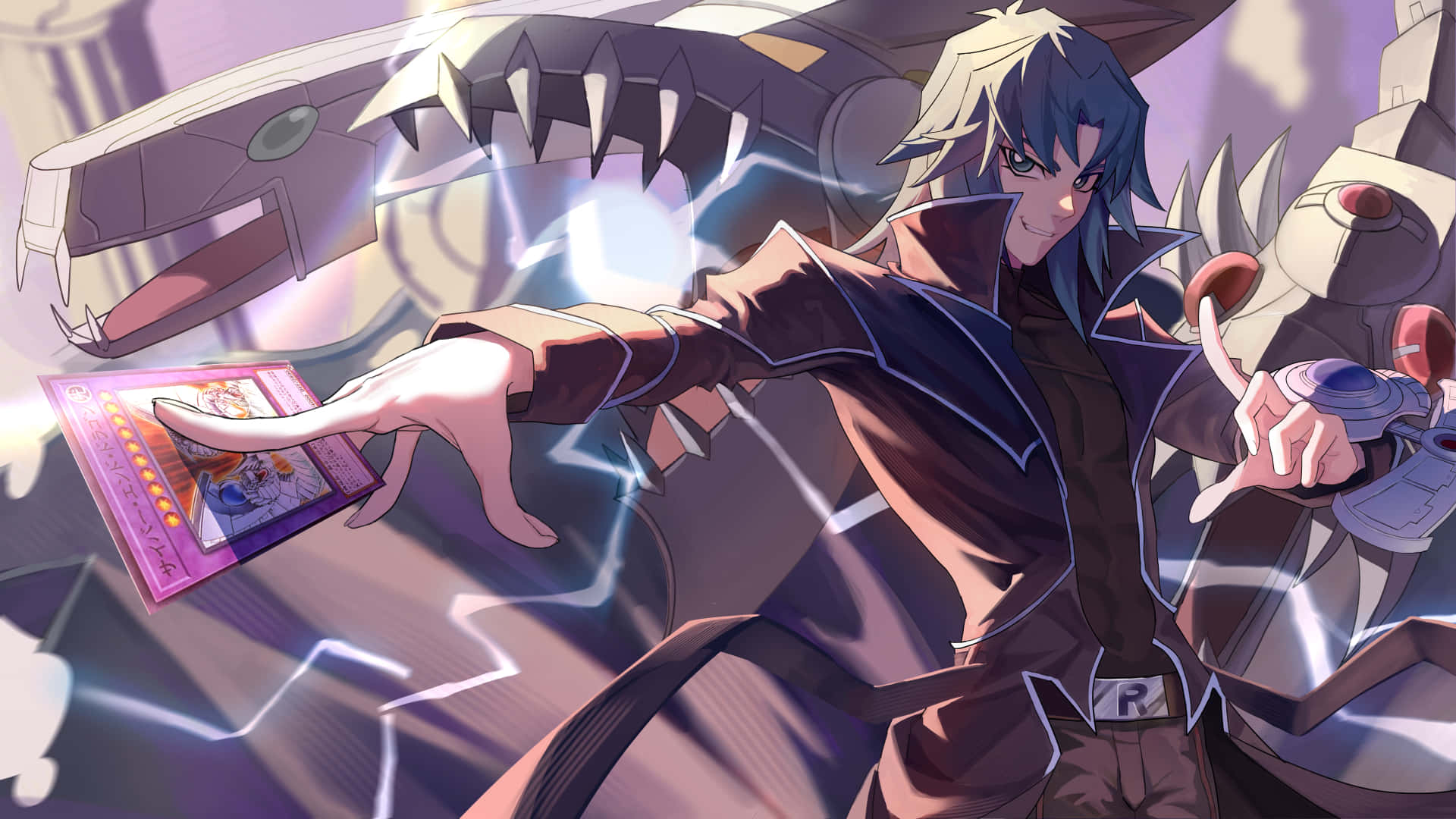 Zane Truesdale 桌布 壁紙 — 一個堅定的動畫男孩穿著棕色外套，召喚出一隻帶有發光閃電效果的巨型機械龍。