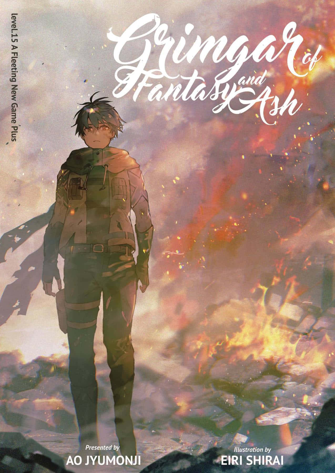 Grimgar Of Fantasy And Ash 桌布 壁紙 — 一個堅定的動畫男孩站在煙霧瀰漫的天空下，四周是燃燒的廢墟，發光的火花在他周圍旋轉。