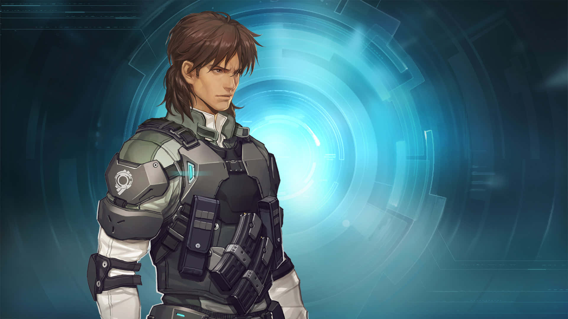 Ghost In The Shell Togusa 桌布 壁紙 — 一個堅定的動畫男性士兵穿著未來裝甲，站在發光的藍色科幻傳送門前。