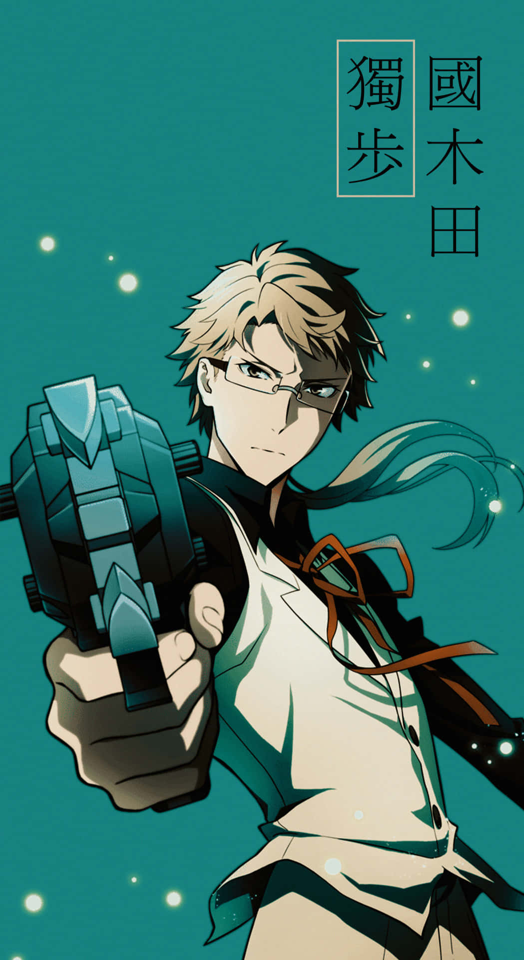 Kunikida 桌布 壁紙 — 一個堅定的動畫男性角色，戴著眼鏡和金色頭髮，對準一個帶有發光粒子的青綠色背景，瞄準一把未來風格的槍。