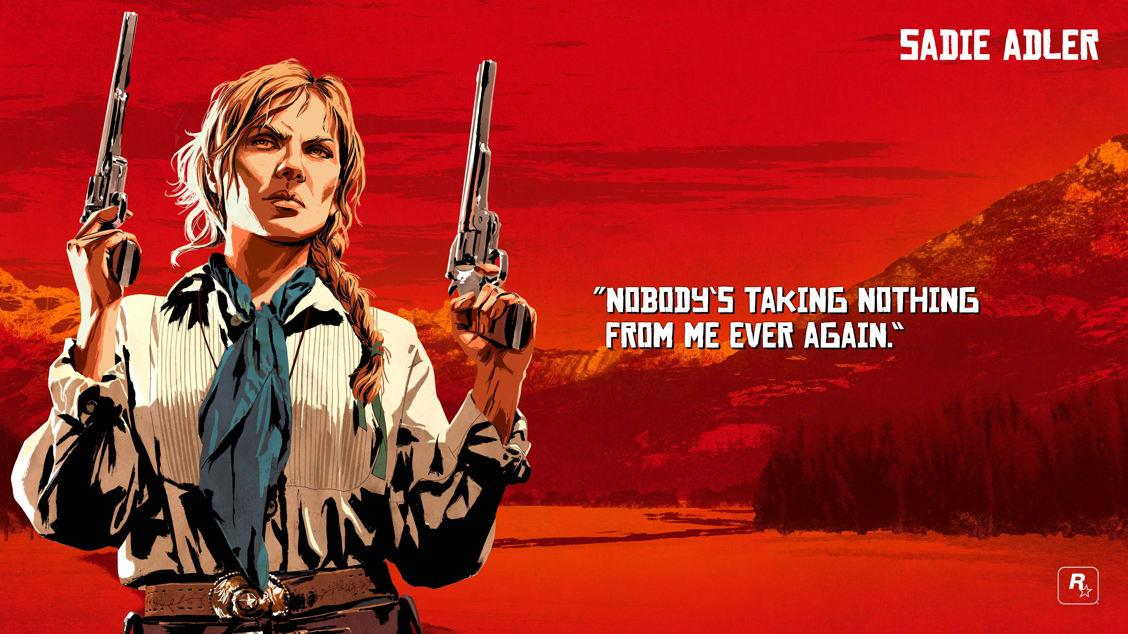 Red Dead Redemption 2 - Sadie Adler 壁紙 — 一個堅定的女人，辮子頭髮，在火紅的沙漠背景下，手持兩把左輪手槍，背景有山脈。