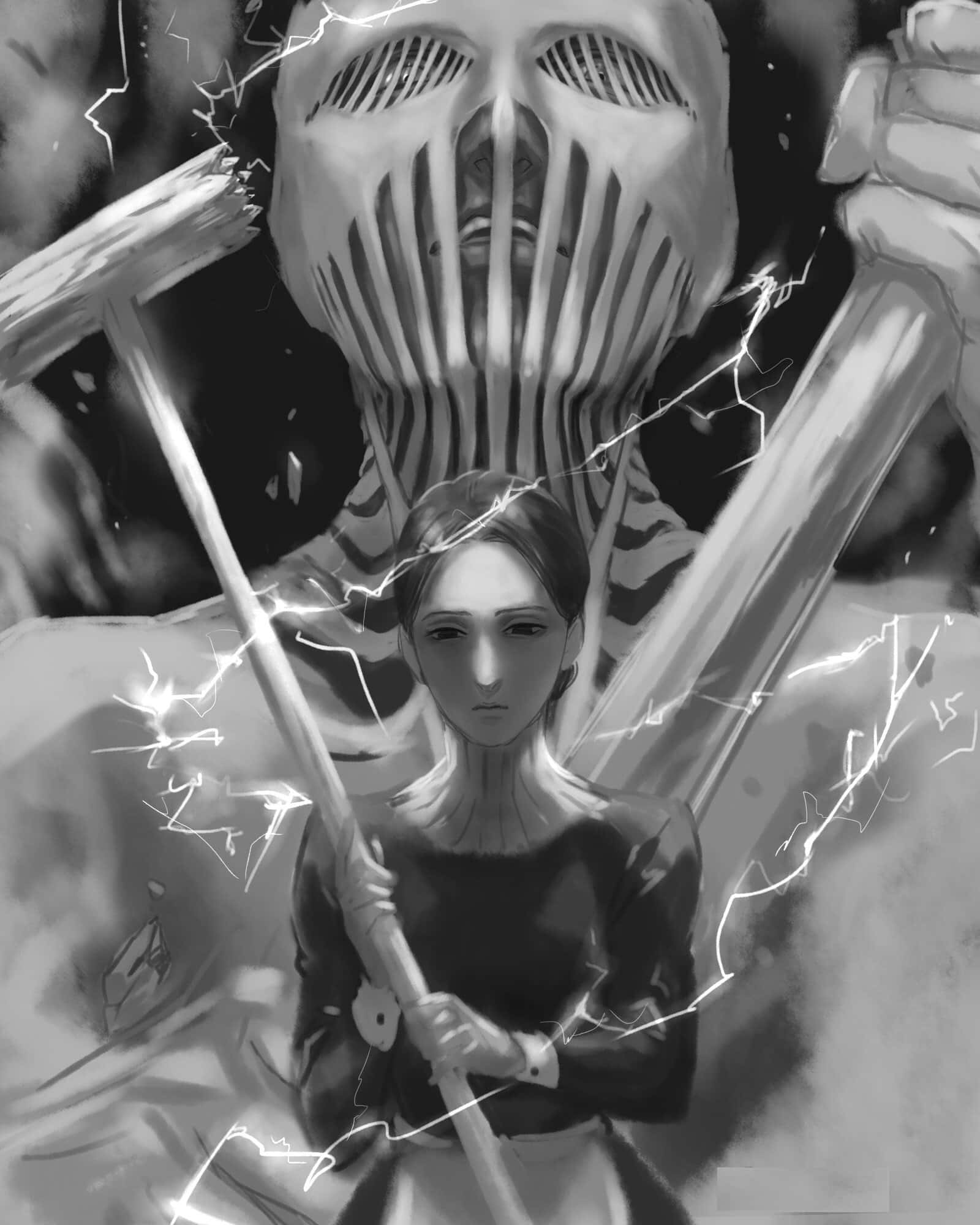 War Hammer Titan 桌布 壁紙 — 一個堅定的女孩揮舞長矛，對抗一個散發著劈啪能量的高聳裝甲巨人，這是一場高對比度的黑白動畫戰鬥場景。