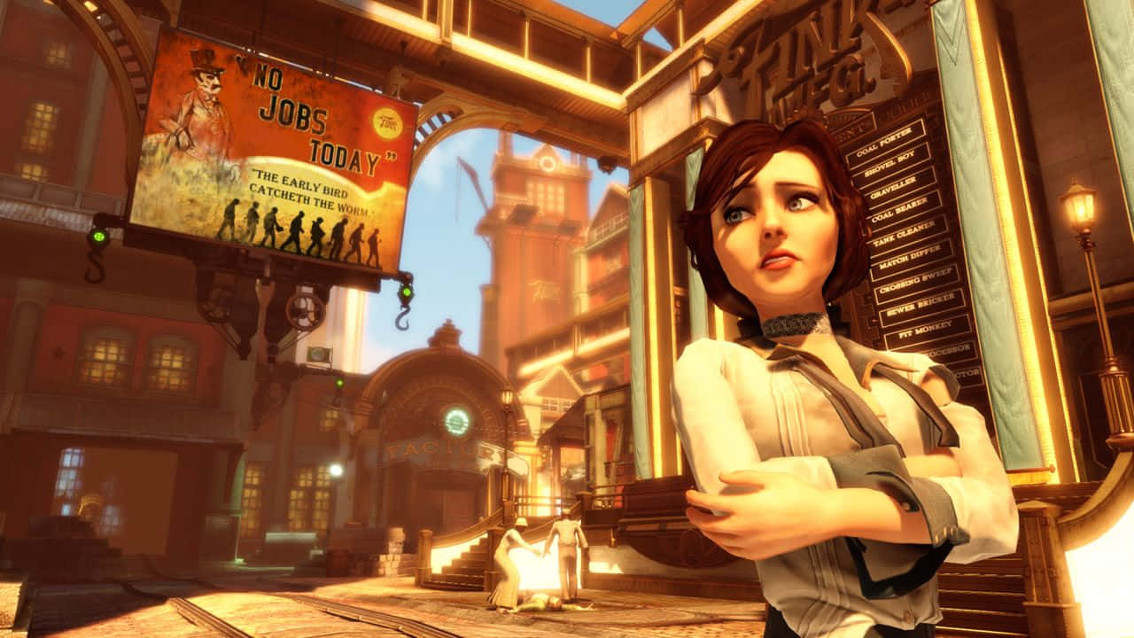 Bioshock Characters 桌布 壁紙 — 一個堅定的女性角色站在一條充滿復古招牌和溫暖金色燈光的蒸氣龐克城市街道上。