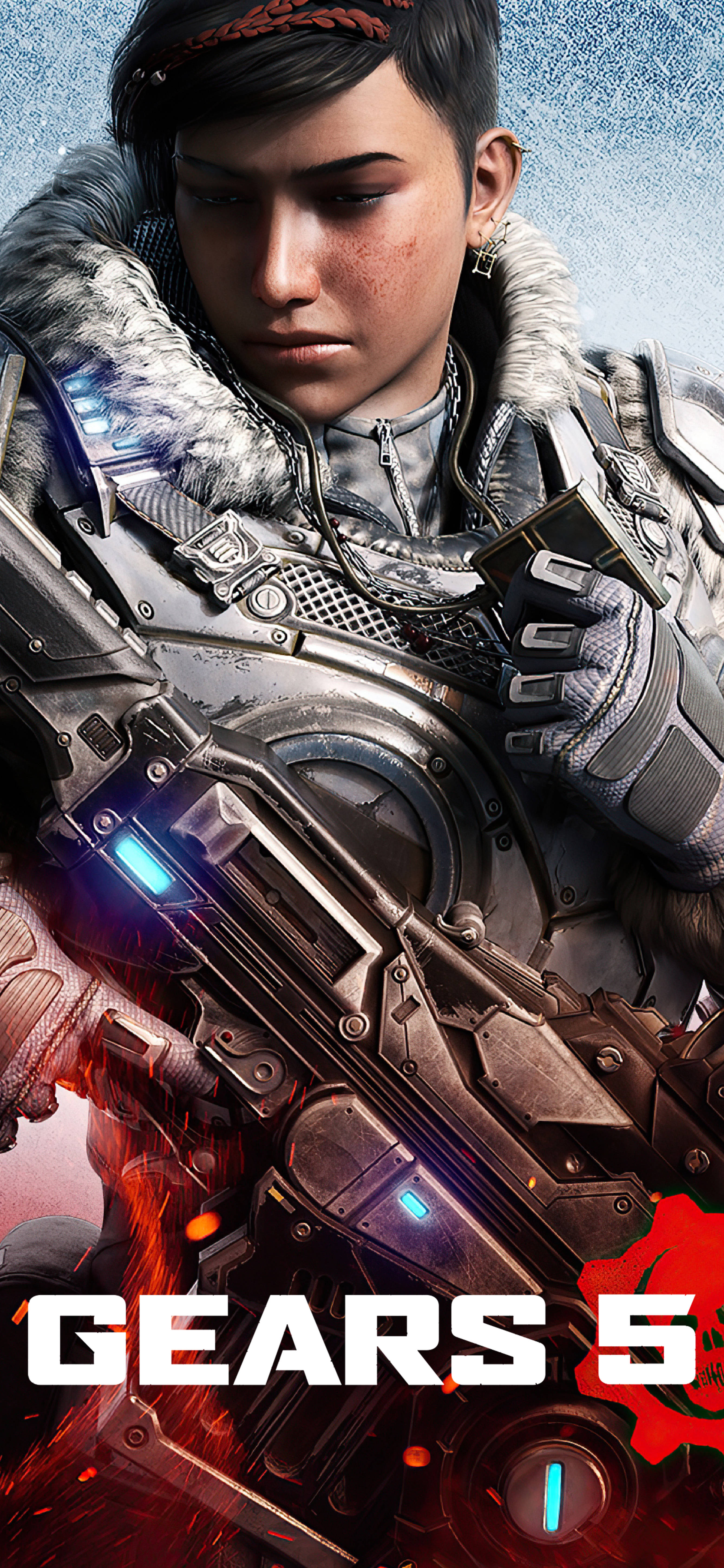 gears 5 iPhone 桌布 壁紙 — 一個堅定的戰士穿著未來裝甲，在火焰背景下握著發光武器，並帶有「Gears 5」文字。