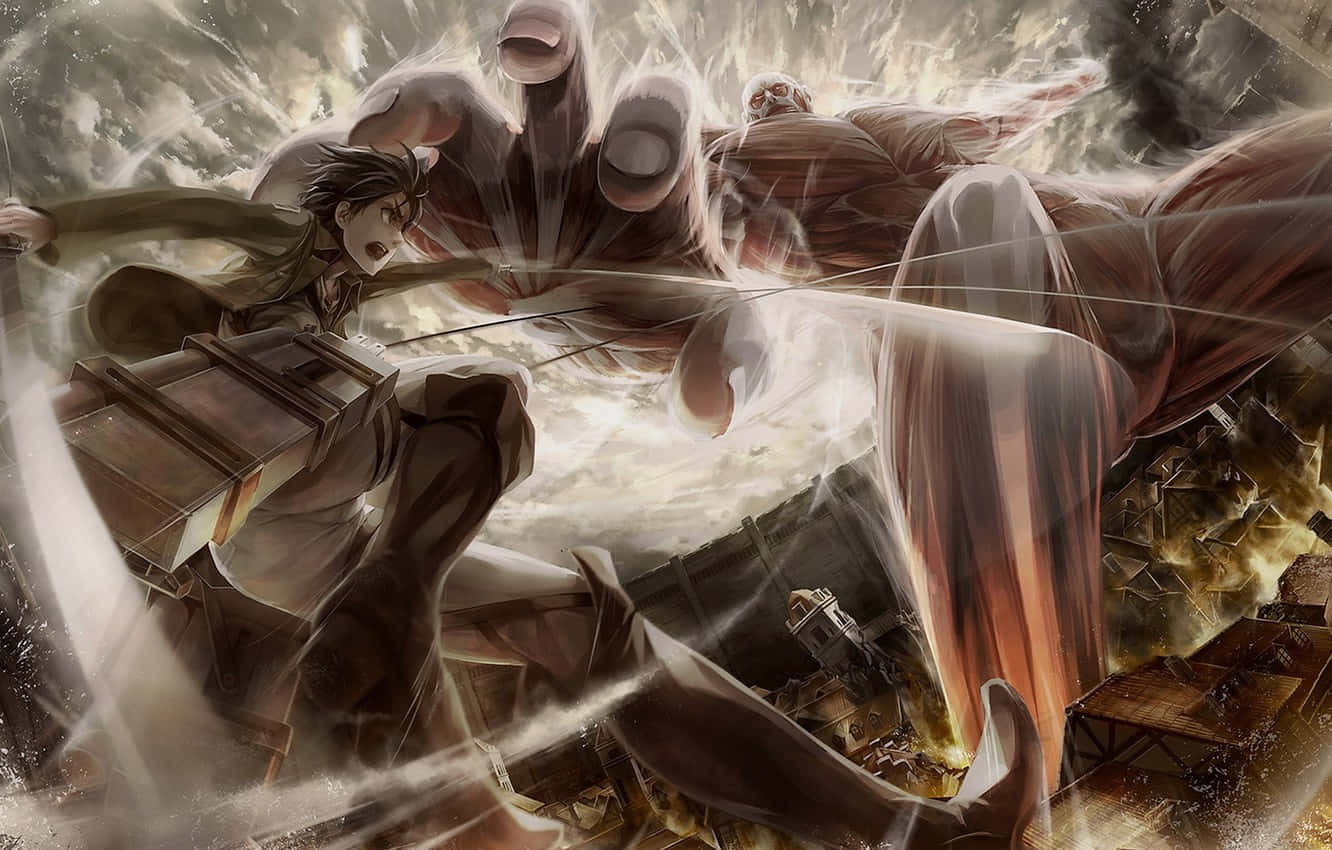 Humanoid Monsters 桌布 壁紙 — 一個堅定的戰士穿著機械裝甲，在碎片和煙霧的風暴中與巨大的類人泰坦戰鬥。