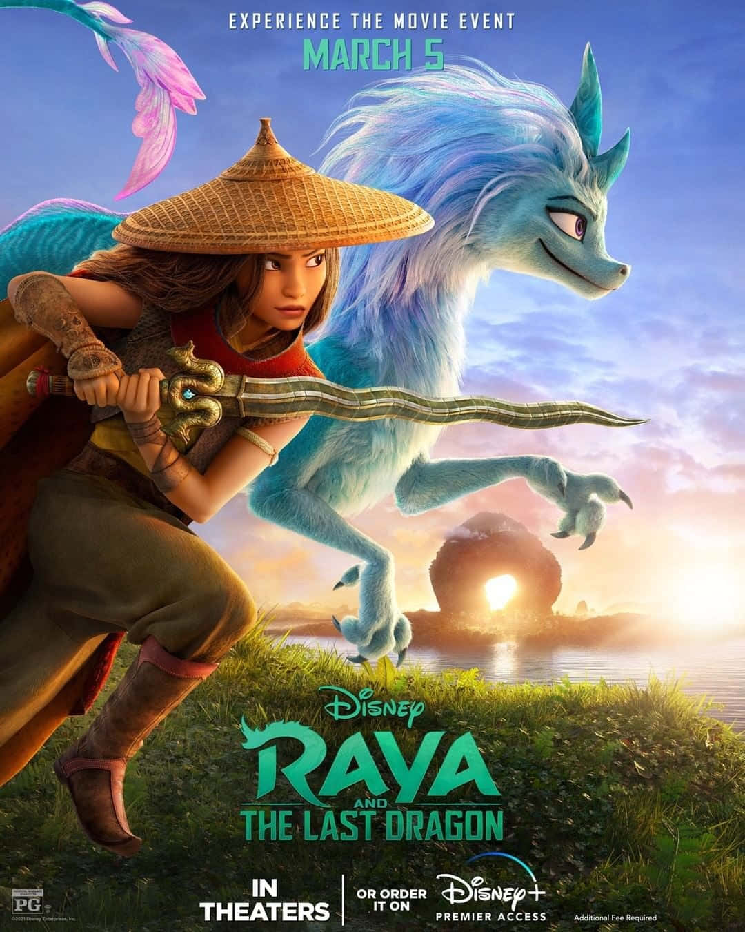 Disney 3d Movies 桌布 壁紙 — 一個堅定的持劍戰士女孩站在一隻雄偉的藍龍旁邊，背景是水上日落天空。