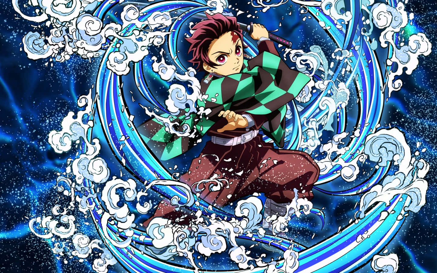 炭治郎 桌布 壁紙 — 一個堅定的紅髮動漫男孩在星空宇宙背景下，於旋轉的藍白水流中揮舞著劍。