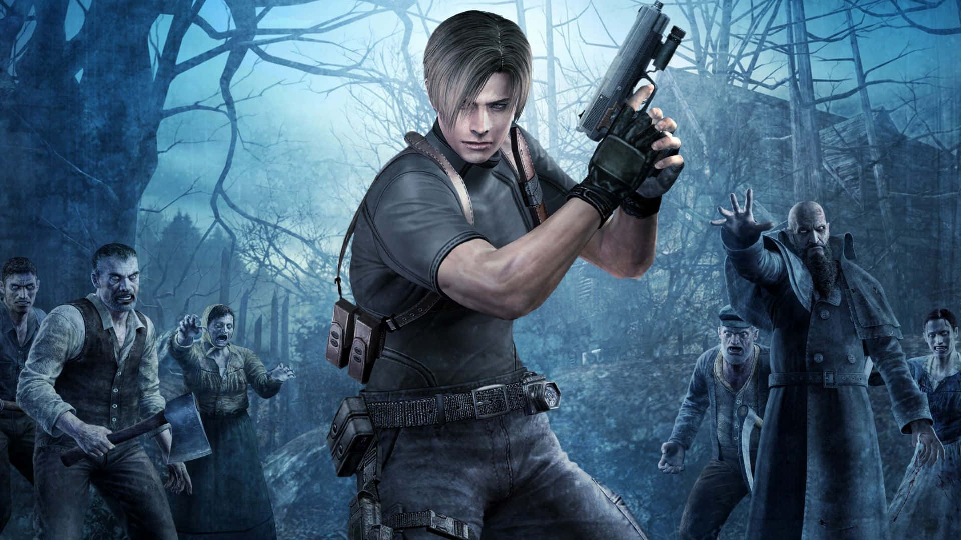 Resident Evil Characters 桌布 壁紙 — 一個堅定的英雄在寒冷霧氣籠罩的森林中，用手槍瞄準逼近的喪屍。