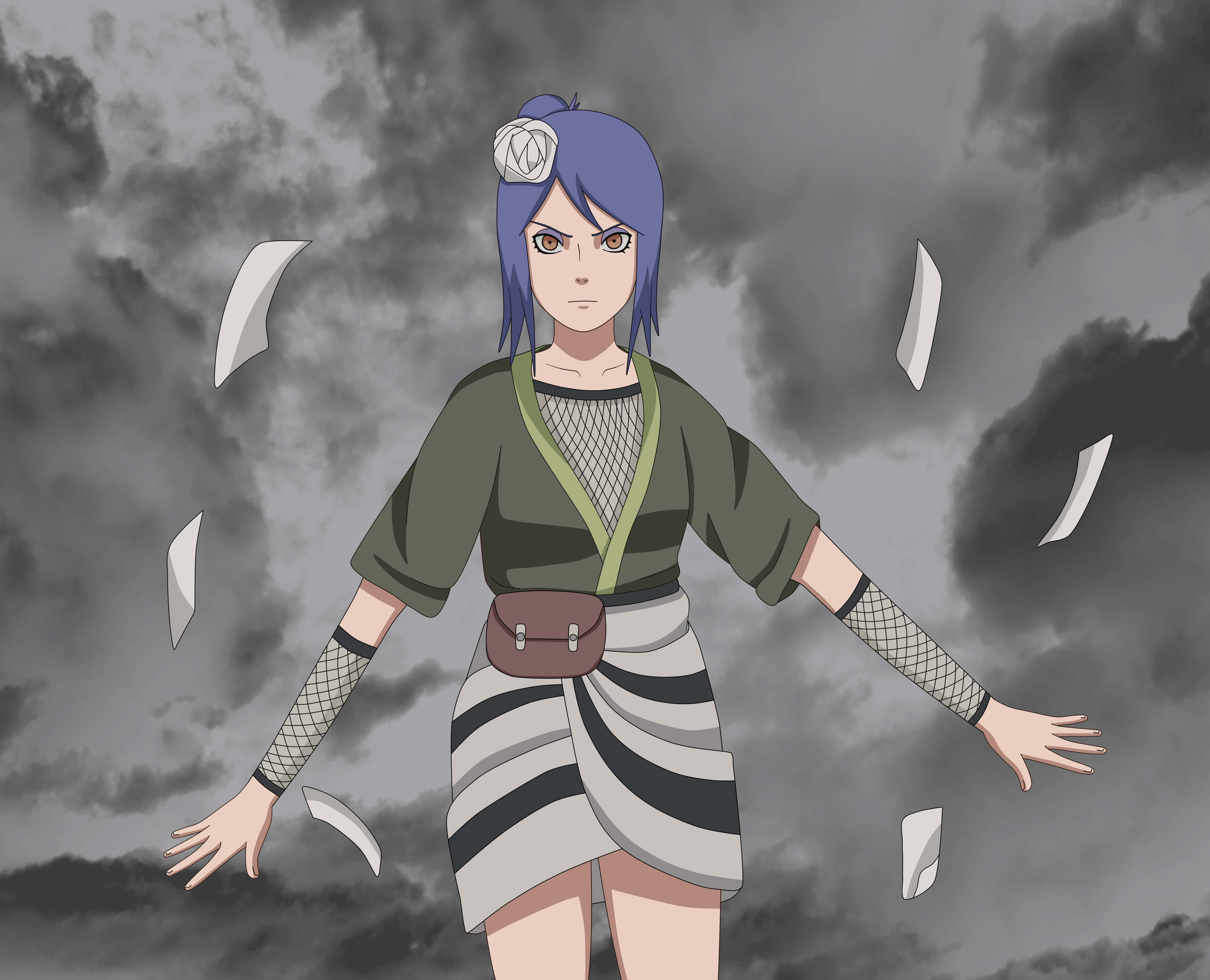 Konan 桌布 壁紙 — 一個堅定的藍髮白花動漫女孩，在風暴般的灰色天空中，紙屑在她周圍飛舞。