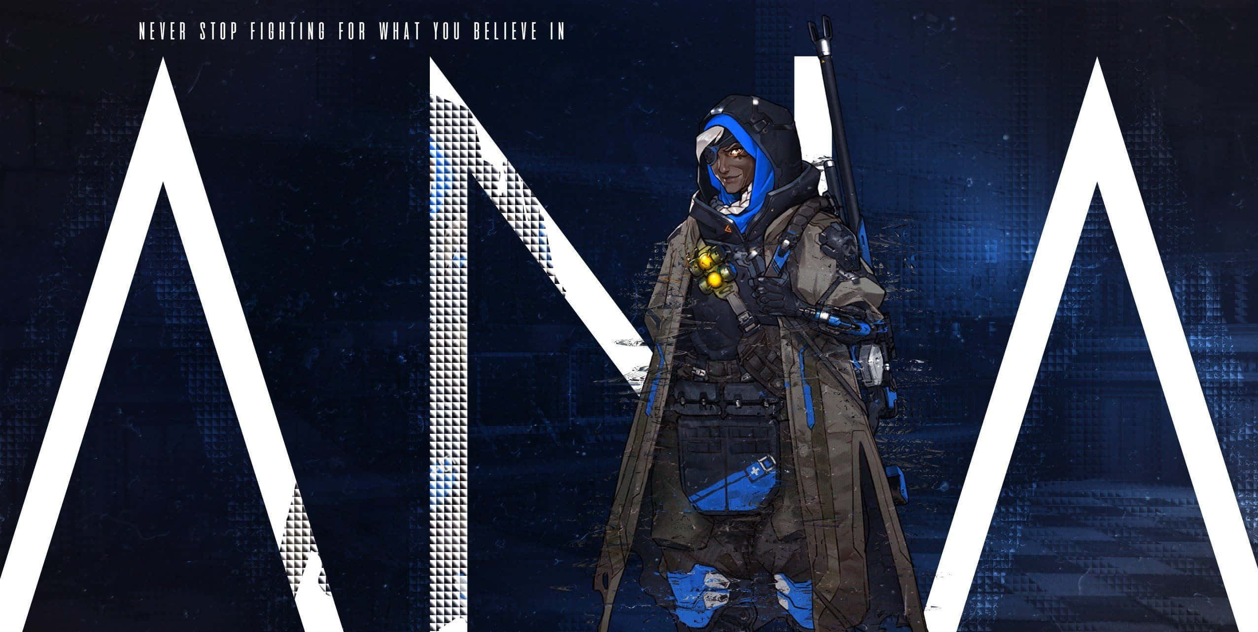 Overwatch Ana 桌布 壁紙 — 一個堅定的裝甲戰士站在黑暗的數碼城市景觀中，周圍環繞著大膽的白色幾何字母。