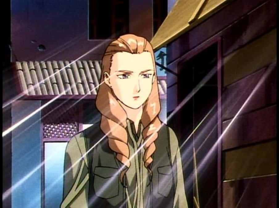 Gundam Wing Sally Po 桌布 壁紙 — 一個堅定的辮子動畫女性站在下雨的小巷中，光線穿過傾盆大雨。