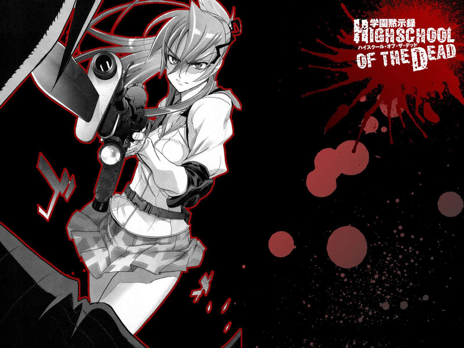 Highschool Of The Dead 桌布 壁紙 — 一個堅定的銀髮動漫女孩，在濺滿紅色血跡的黑色背景上揮舞著一把大槍。
