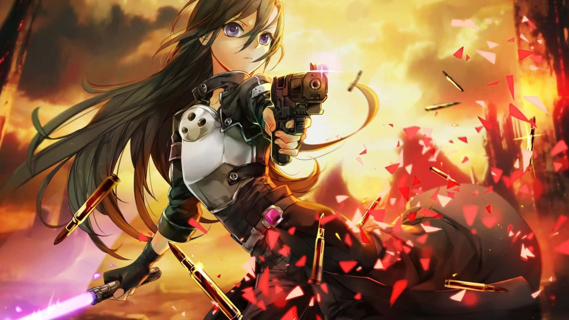 HD Gaming 桌布 壁紙 — 一個堅定的長黑髮動漫女孩，在爆炸的紅色碎片和飛舞的子彈中，對著熾熱的日落天空開槍。