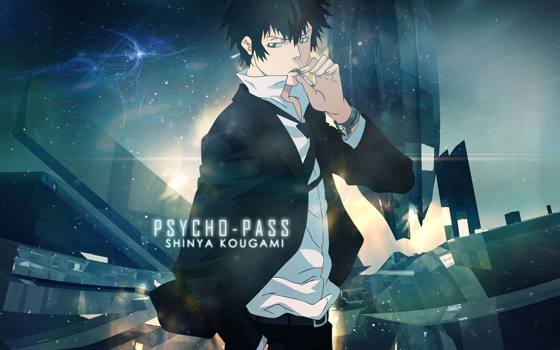 Shinya Kogami 桌布 壁紙 — 一個堅忍的動漫男子穿著西裝，在繁星點點的藍綠色天空下，對著破碎的未來城市景觀抽煙。