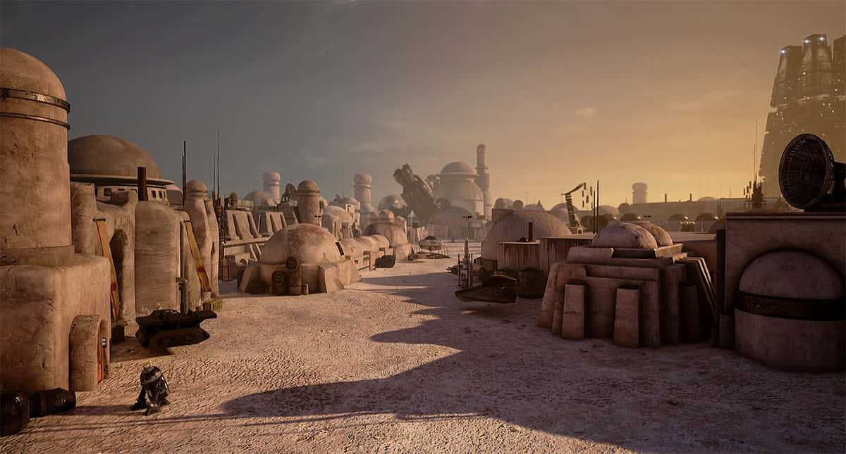 Mos Eisley 桌布 壁紙 — 一個塵土飛揚的沙漠小鎮，圓頂建築在溫暖的日落天空下投下長長的影子。