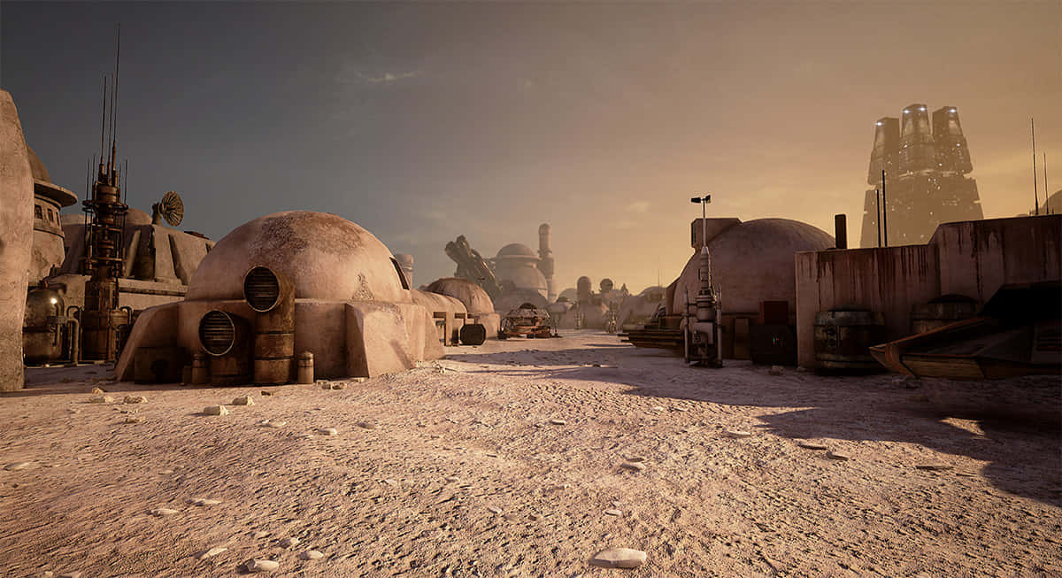 Mos Eisley 桌布 壁紙 — 一個塵土飛揚的沙漠小鎮，圓頂建築和未來主義結構在朦朧的橙色天空下。