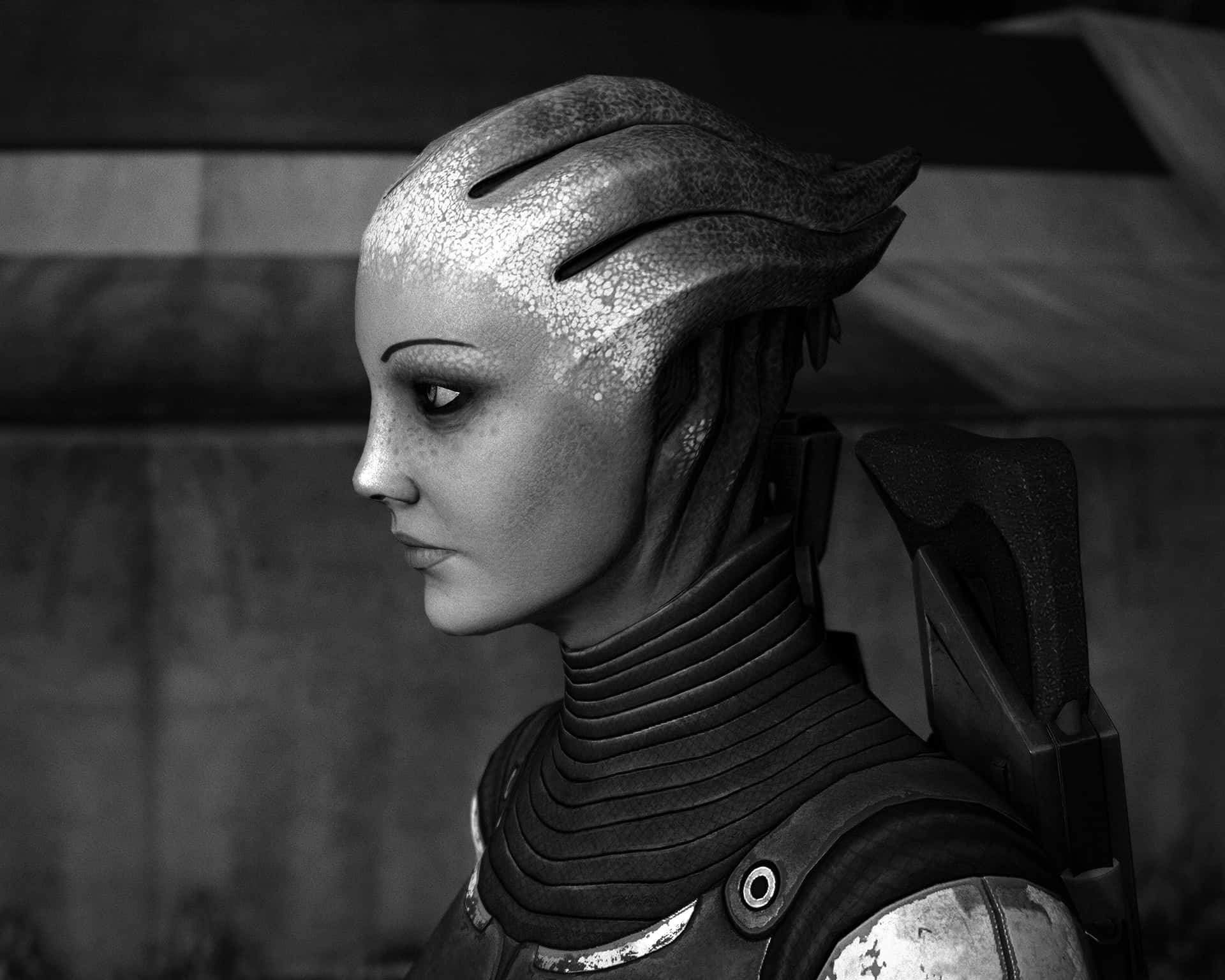 Liara T'soni 桌布 壁紙 — 一個外星戰士的單色肖像，身穿精細盔甲，皮膚有紋理，頭部有棱角脊線。