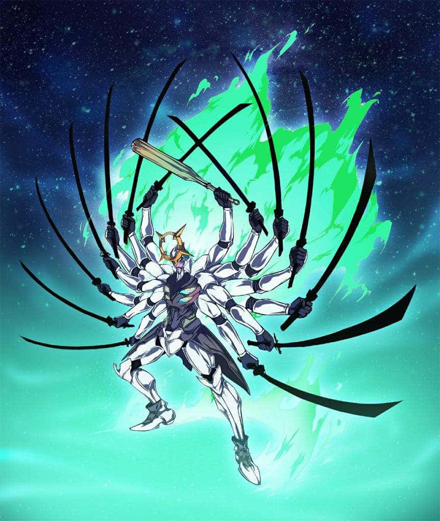 Gurren Lagann Viral 桌布 壁紙 — 一個多臂的動漫戰士穿著白色盔甲，在宇宙綠色和藍色的星空背景下揮舞著無數把劍。