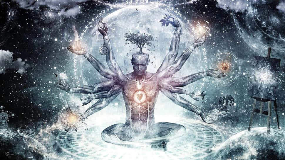 Transcendental 桌布 壁紙 — 一個多臂的宇宙人物正在冥想，頭上長出一棵樹，背景是繁星點點的夜空，漂浮著符號和發光的球體。