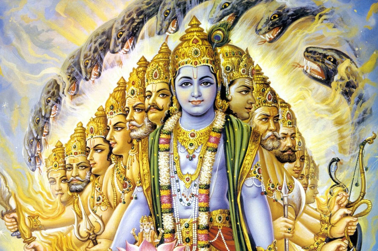 Bhagavad Gita 桌布 壁紙 — 一個多頭多臂的神聖形象，飾有黃金珠寶，被蛇環繞，背景是燦爛的金色天空。