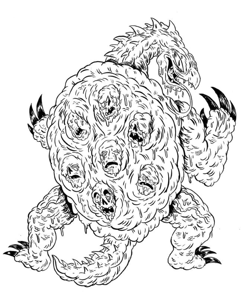 Devilman Crybaby Jinmen 桌布 壁紙 — 一個多頭怪獸，擁有帶爪的肢體和滴水的嘴巴，以細緻的黑色墨水線條藝術呈現。