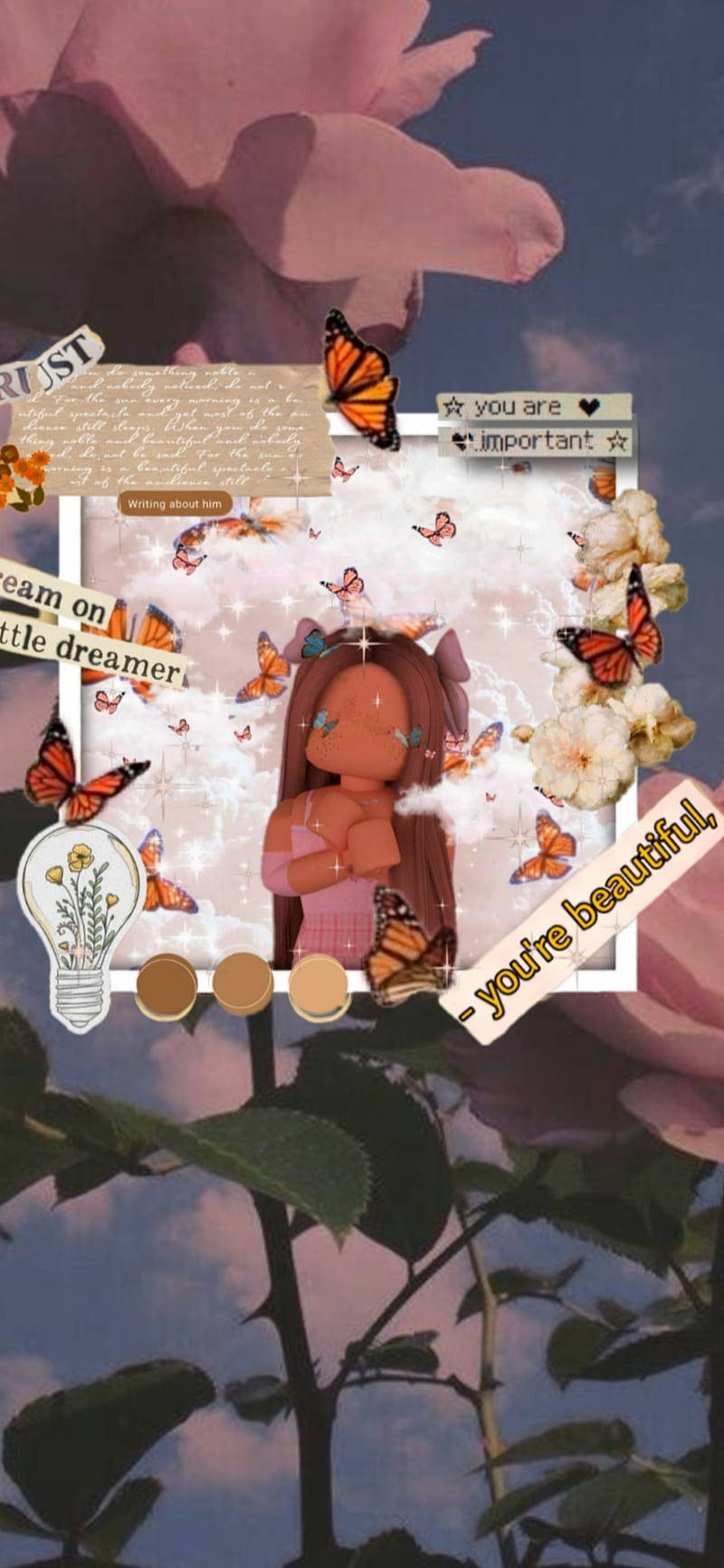Roblox Aesthetic 桌布 壁紙 — 一個夢幻的數位拼貼畫，描繪一個風格化的女孩，被蝴蝶和玫瑰環繞，背景是暮色天空，並帶有勵志文字疊加。