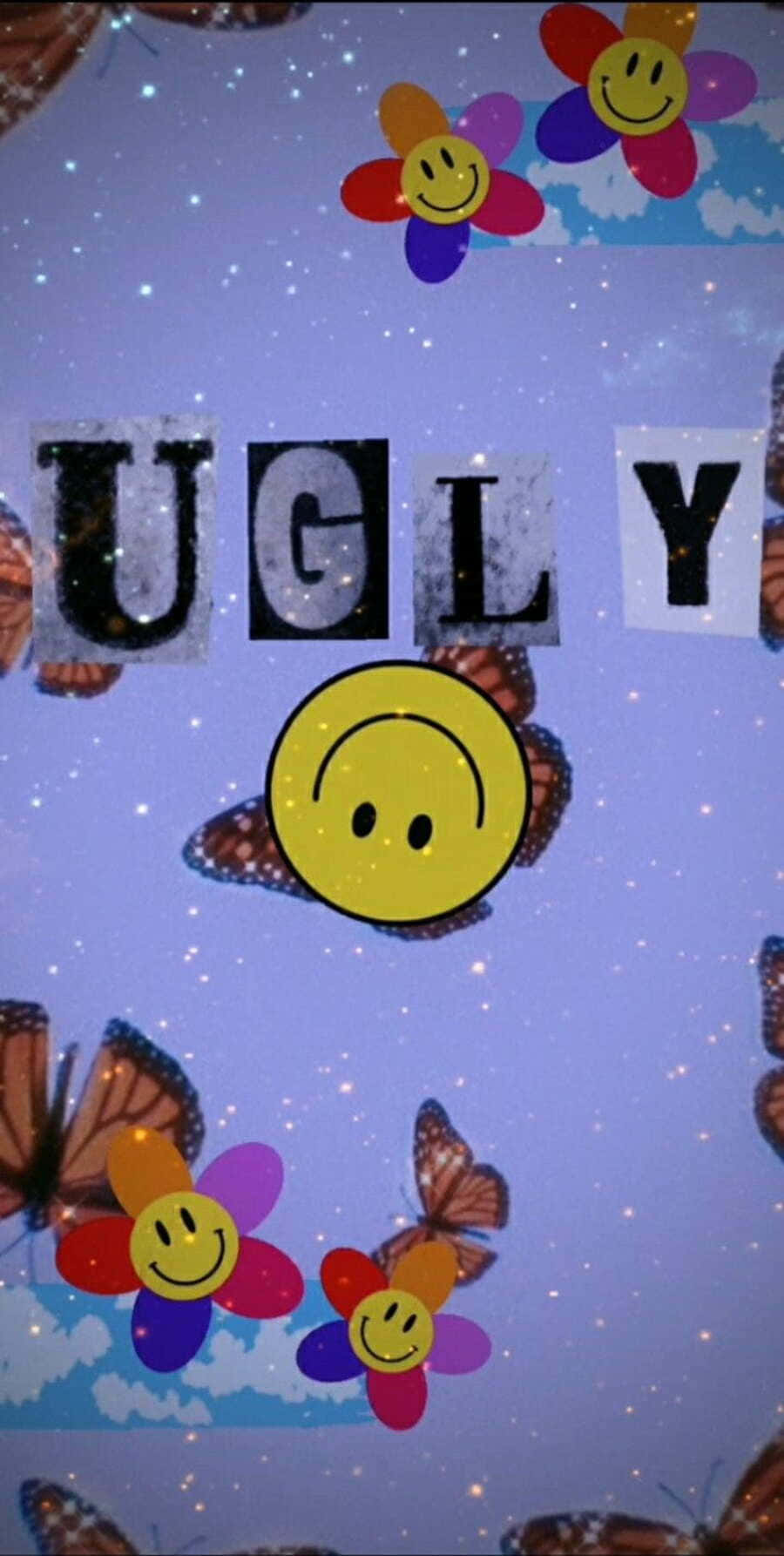 Aesthetic Smiley Face 桌布 壁紙 — 一個夢幻的星空背景，色彩繽紛的笑臉花和蝴蝶圍繞著用撕紙字母拼成的「UGLY」一詞。
