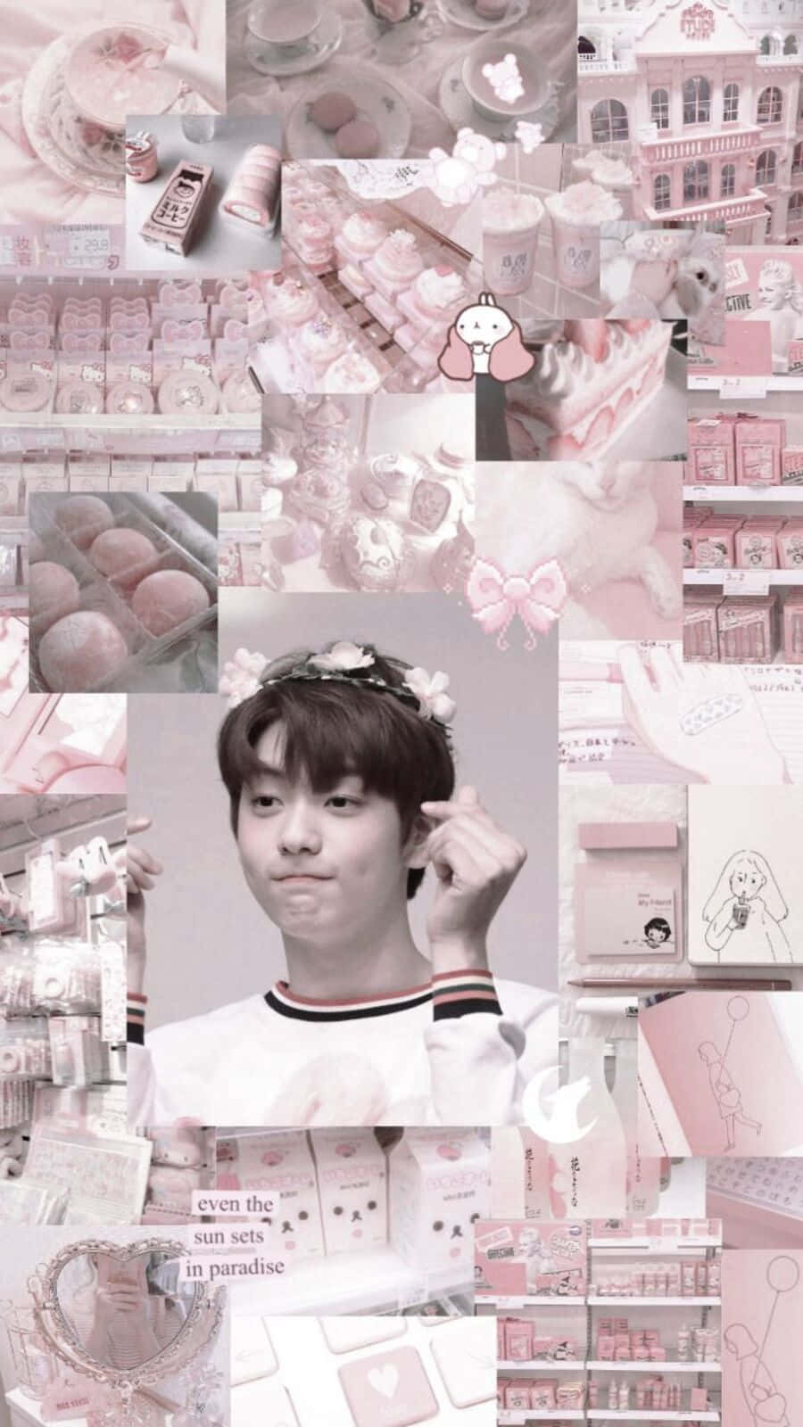 Kpop Kawaii 桌布 壁紙 — 一個夢幻的粉紅色主題拼貼畫， featuring 一個年輕男子、糕點、文具和可愛插圖，呈現柔和美學。