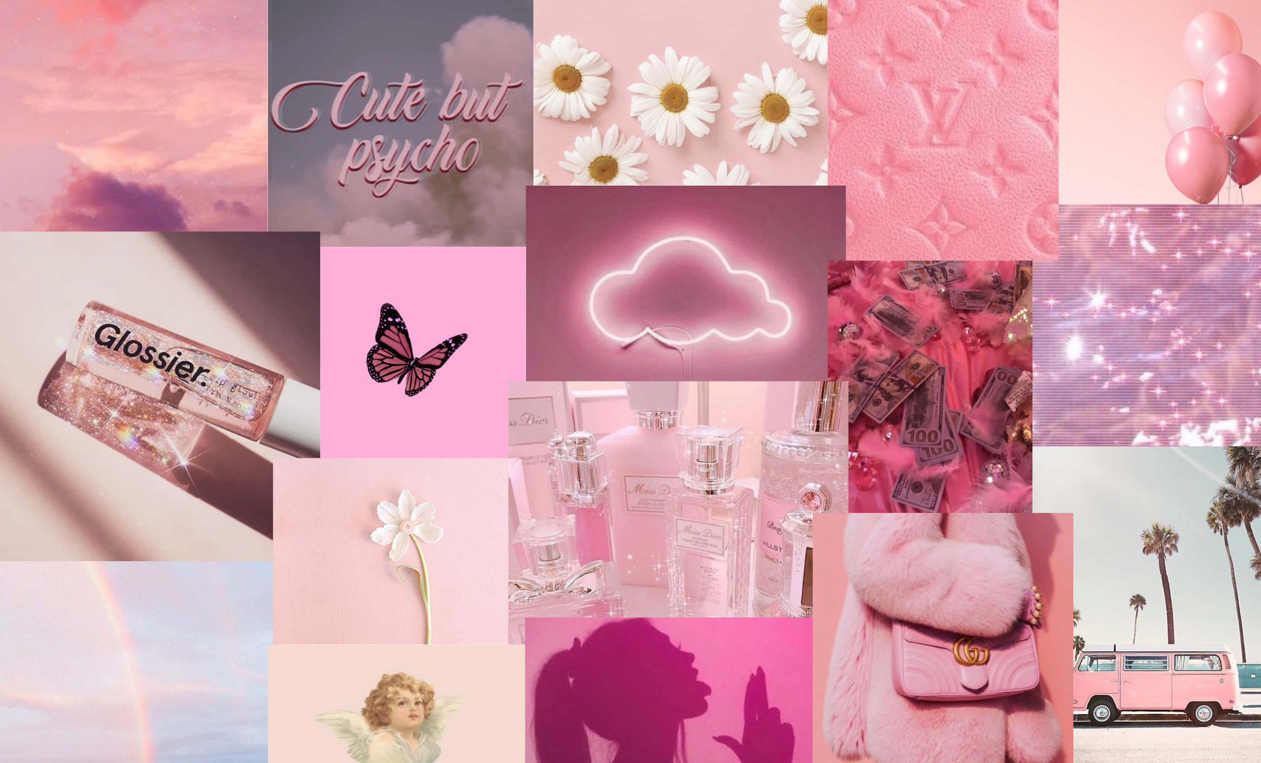 Kawaii Pink Aesthetic Desktop 桌布 壁紙 — 一個夢幻的粉紅色拼貼，包含雛菊、霓虹雲、奢侈品和一輛粉紅色麵包車，背景是棕櫚樹。