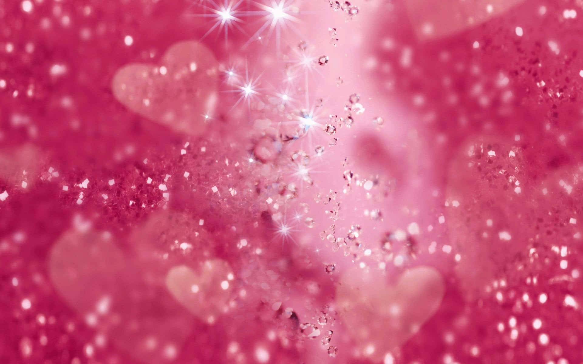 Pink Sparkles 桌布 壁紙 — 一個夢幻的粉紅色背景，充滿閃閃發光的亮片和柔和模糊的心形，散發著星爆光芒。
