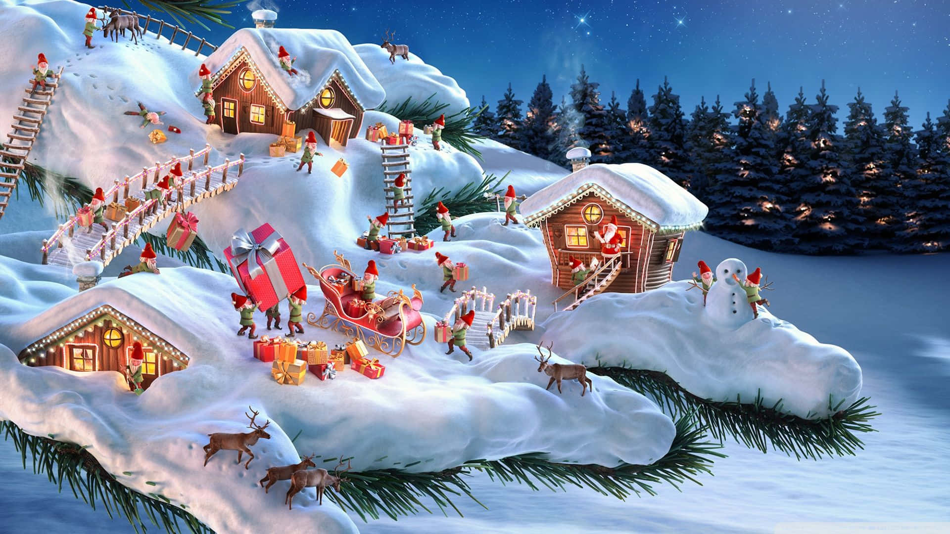 Santa Claus 桌布 壁紙 — 一個夢幻的雪夜村莊，精靈們乘坐雪橇運送禮物，周圍是發光的小屋和馴鹿。
