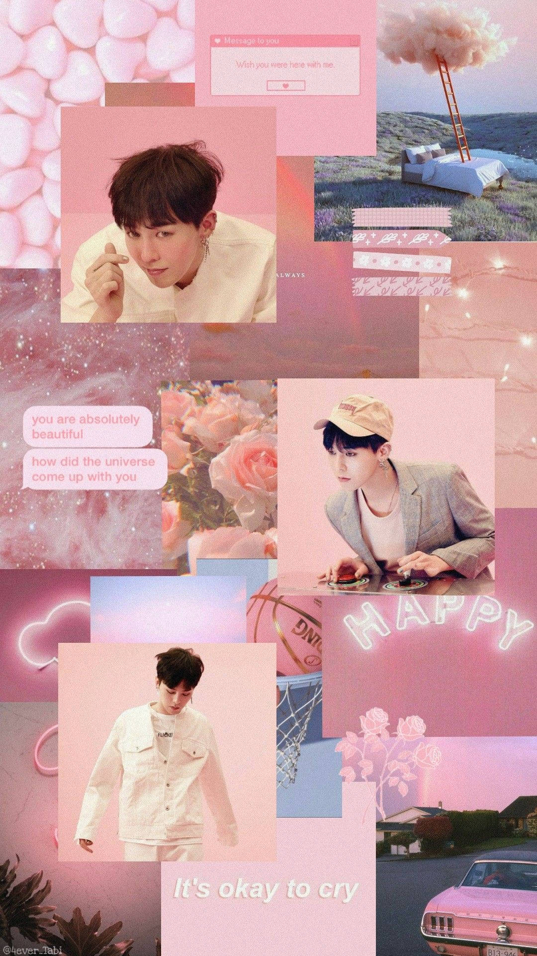 Kpop Aesthetic 桌布 壁紙 — 一個夢幻粉紅色調的拼貼畫，描繪一位年輕男子以多種姿勢被玫瑰、文字訊息和一張超現實的漂浮床包圍。