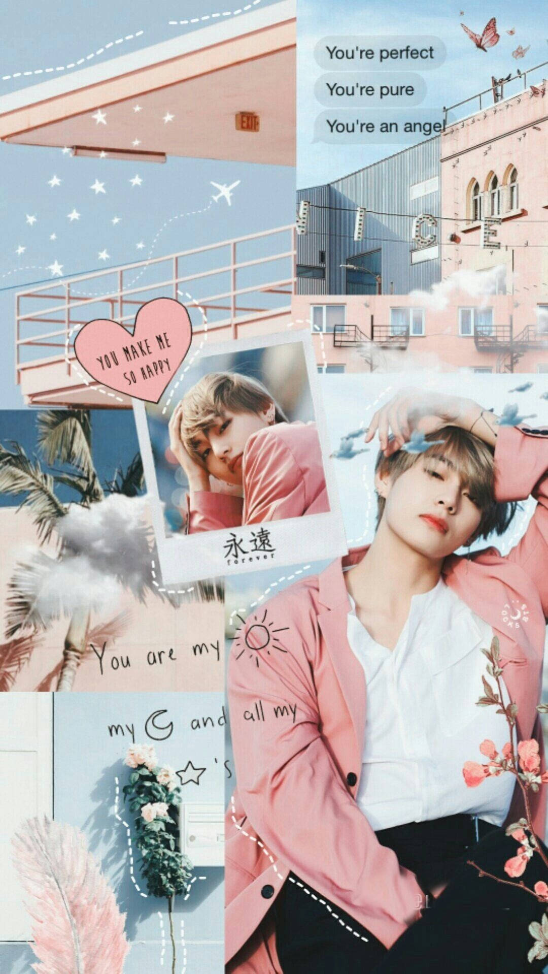kim taehyung 桌布 壁紙 — 一個夢幻般的拼貼畫，描繪一位身穿粉紅色外套的年輕男子，配以浪漫的文字心形和柔和粉彩天空下的城市景觀。