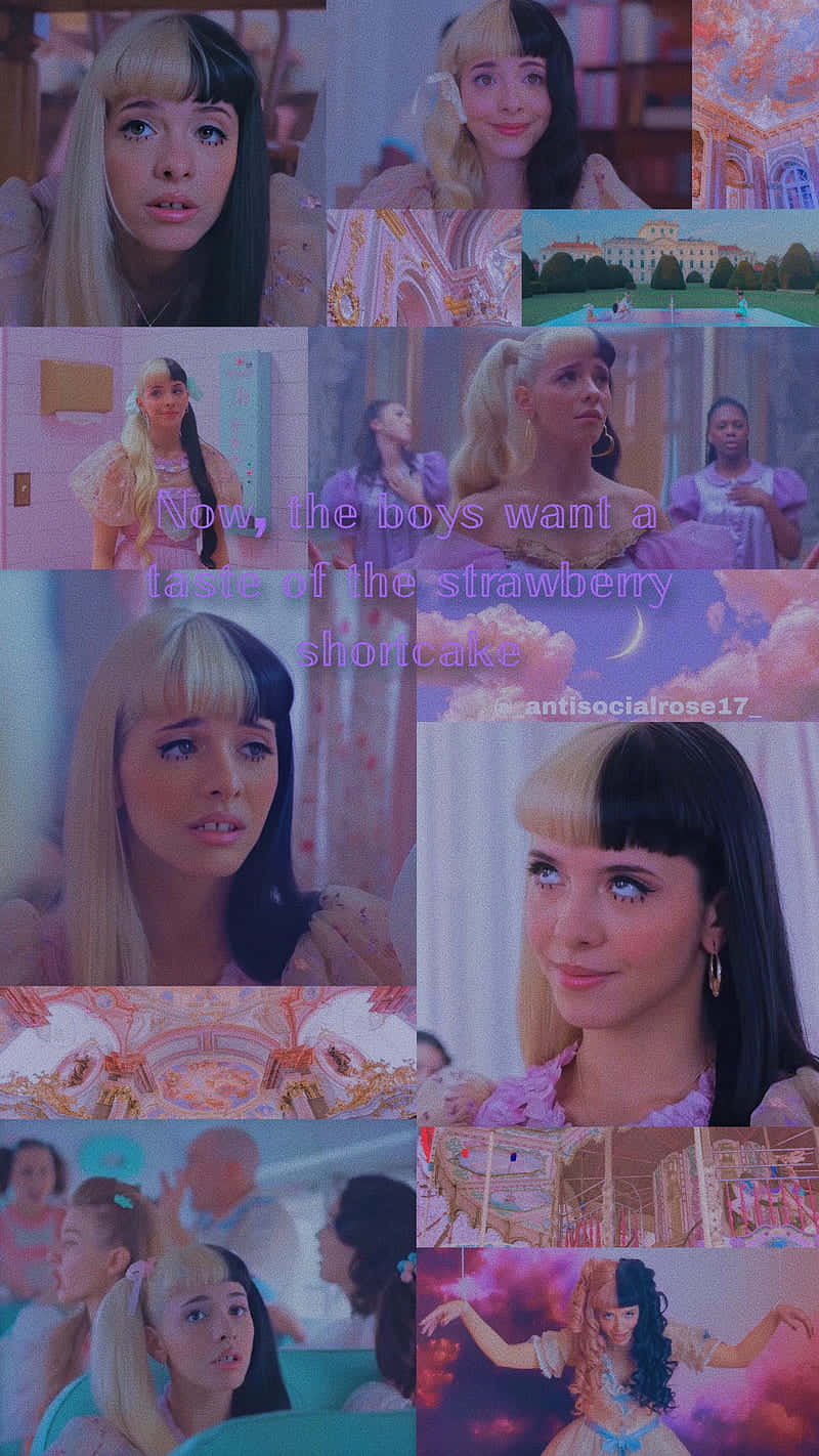 Melanie Martinez 桌布 壁紙 — 一個夢幻般的拼貼畫，描繪了一位有瀏海的金髮女性，身處粉彩粉紅和紫色的場景中，包括華麗的房間和超現實的風景。