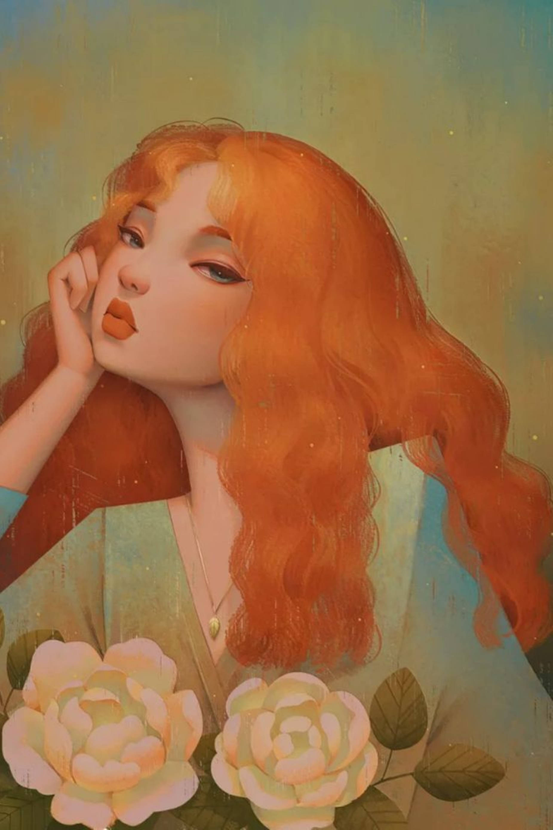 Paint Art 桌布 壁紙 — 一個夢幻般的插圖，描繪一位擁有飄逸紅髮的女性輕托臉頰，兩朵淡色玫瑰在她膝上綻放。