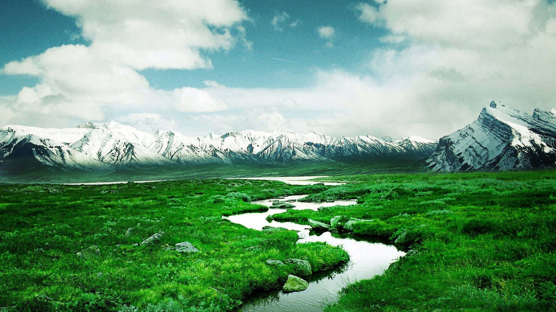 一條河流蜿蜒穿過茂密的綠色田野，背景是白雪覆蓋的山脈。