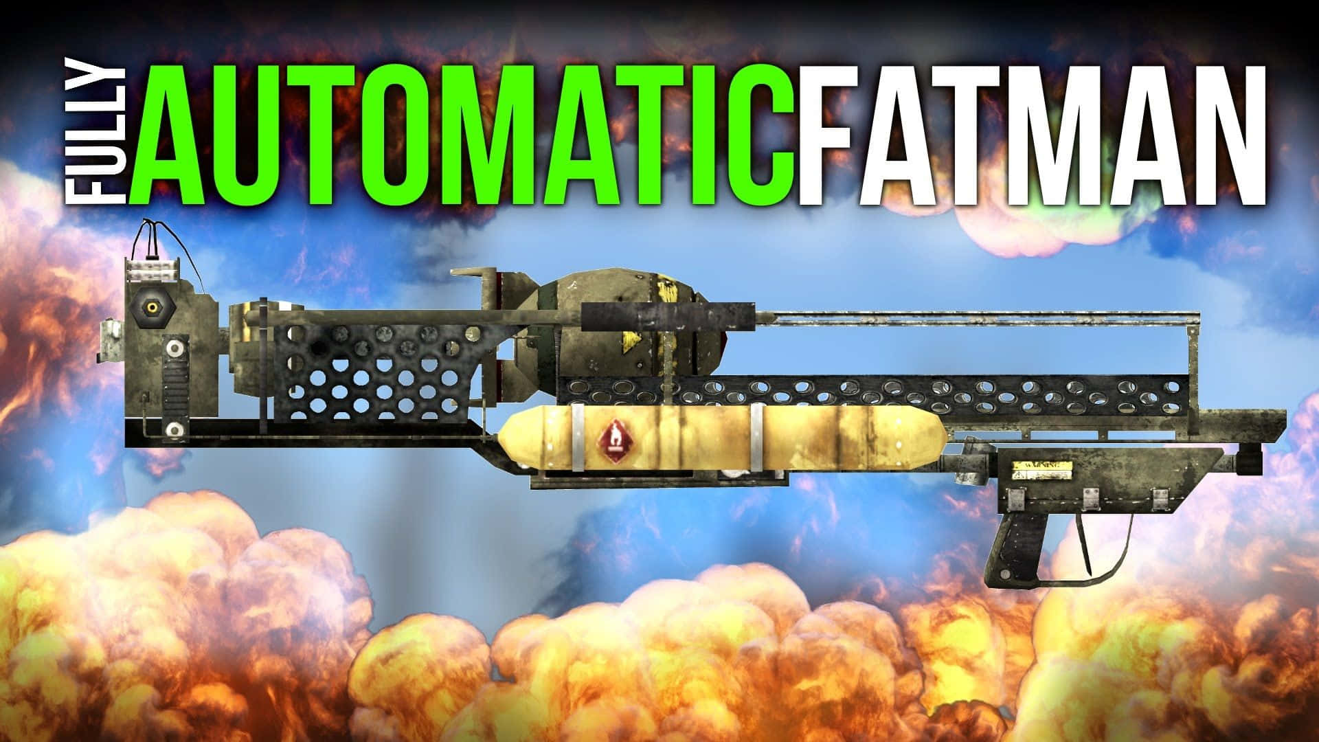 Fallout 4 Fat Man 桌布 壁紙 — 一個大型自動炸彈發射器，伴隨著熾熱的爆炸和粗體文字，背景是陰雲密佈的天空。