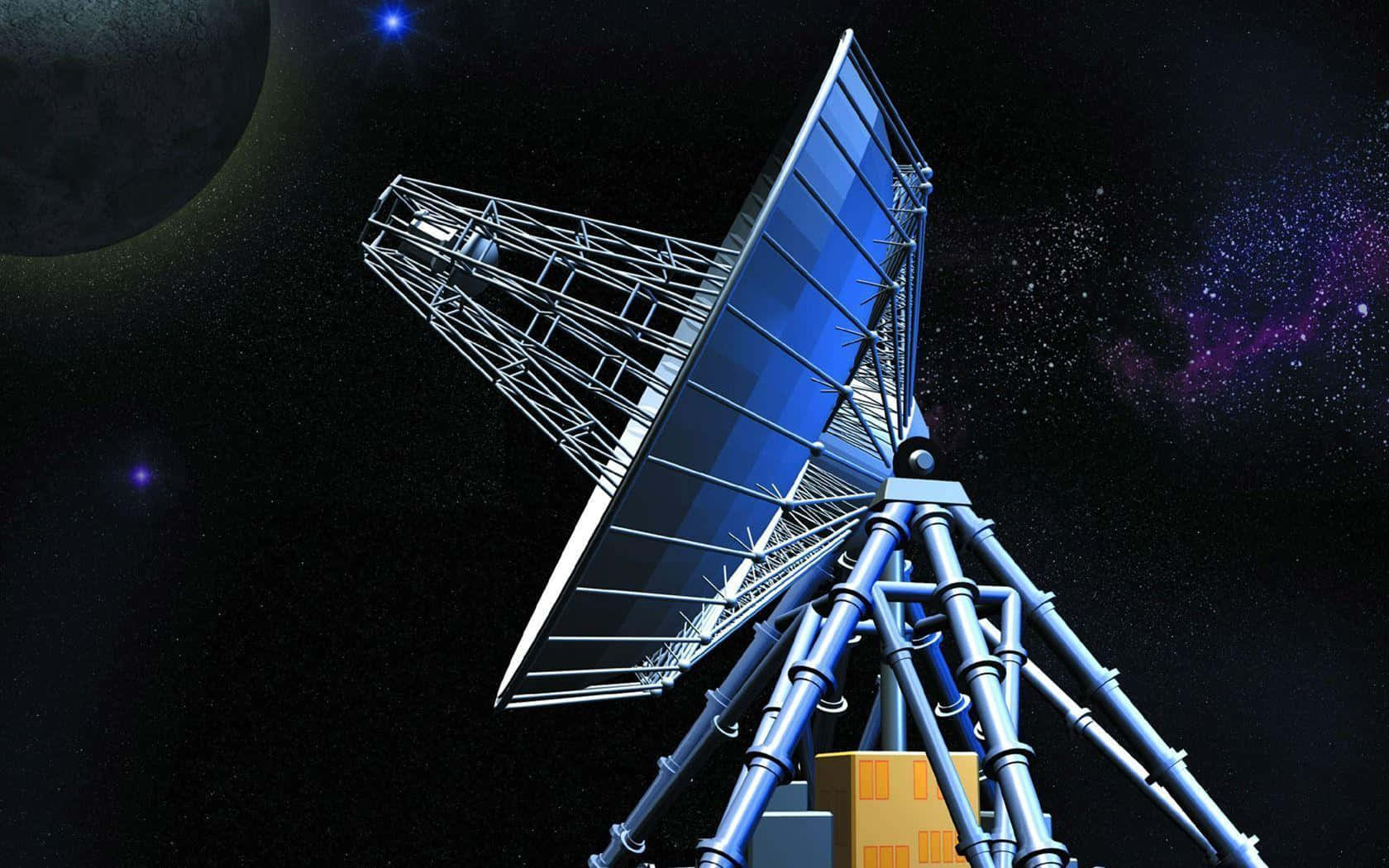 Satellite 桌布 壁紙 — 一個大型藍色衛星天線高高聳立在星空宇宙背景前，背景有月亮和色彩繽紛的星雲。