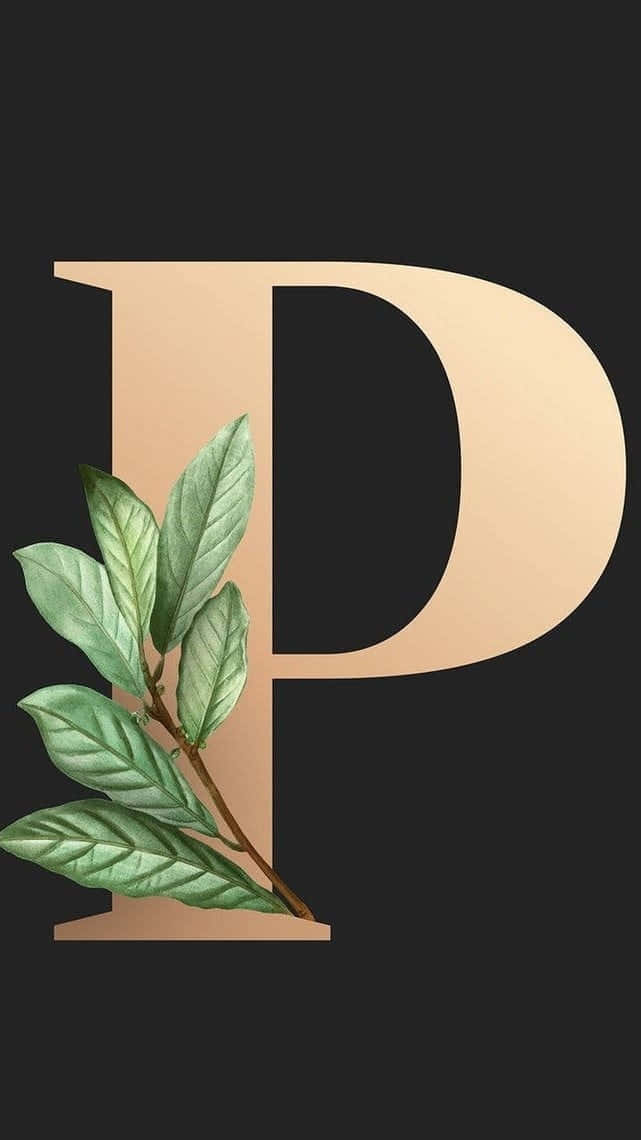 p 桌布 壁紙 — 一個大型金色字母P，底部長出綠色葉子，背景為黑色。