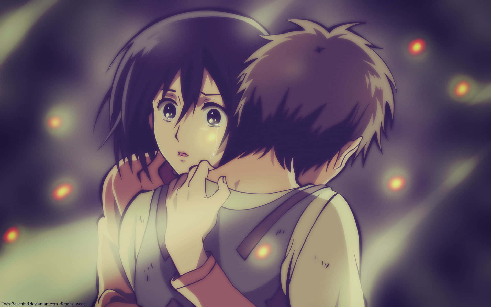 Attack On Titan Season 1 桌布 壁紙 — 一個大眼睛的動漫女孩從後面緊抱著一個男孩，發光的球體漂浮在朦朧的紫色背景中。
