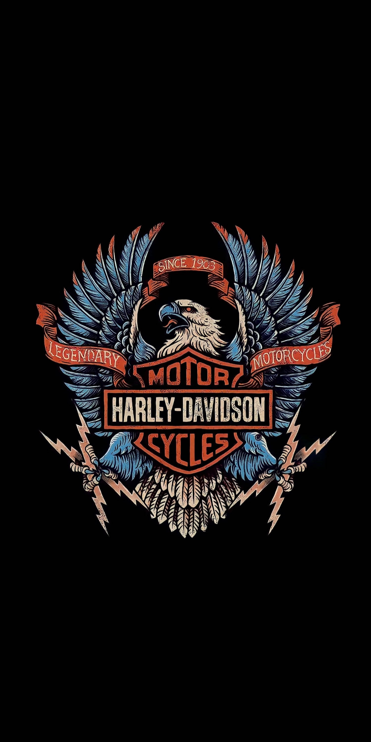 Harley Davidson 標誌 桌布 壁紙 — 一個大膽的Harley-Davidson標誌，中央有一隻展翅的鷹和閃電，背景為黑色。