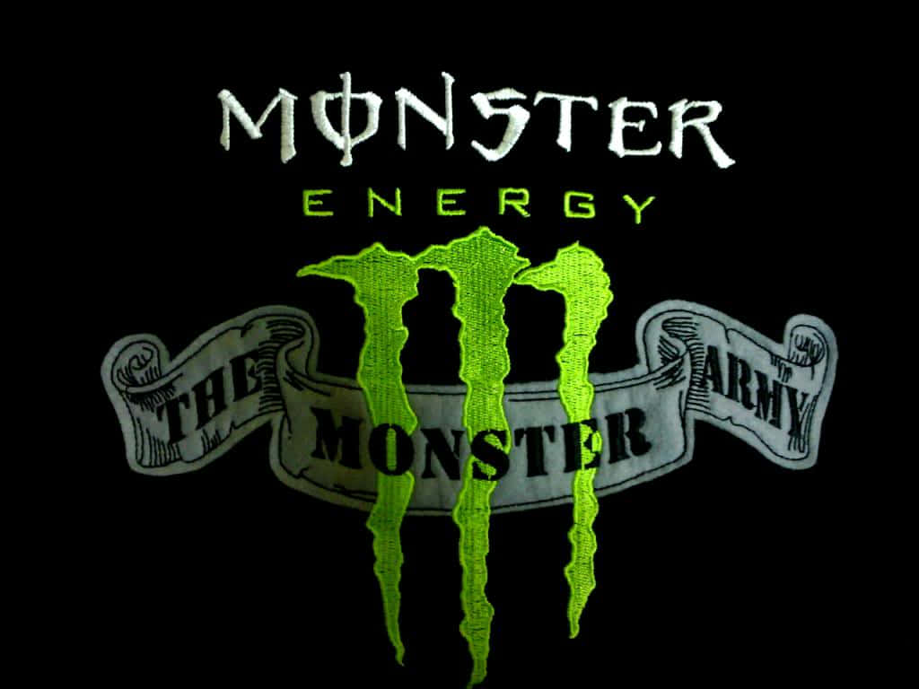 Monster 桌布 壁紙 — 一個大膽的Monster Energy標誌，帶有發光的綠色M標誌和「The Monster Army」橫幅，背景為黑色。